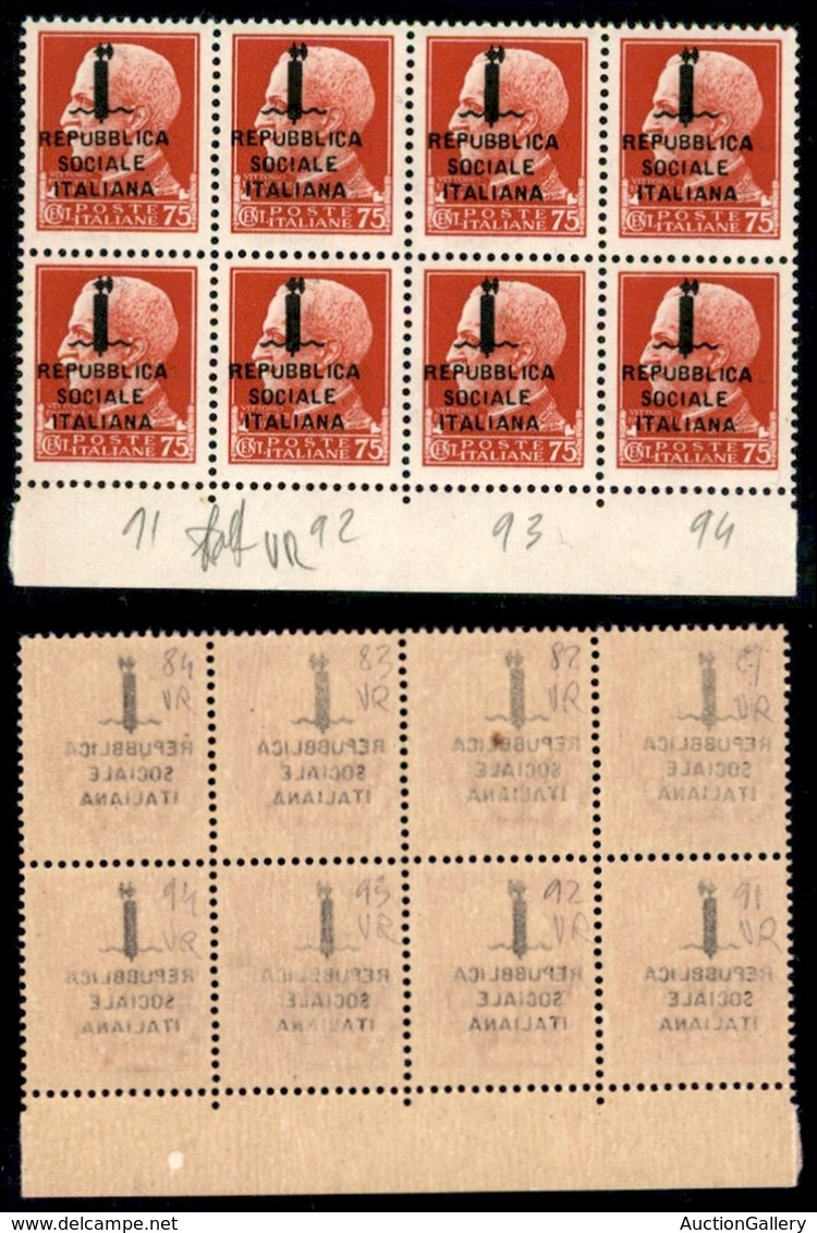 REPUBBLICA SOCIALE - PROVVISORI - 1944 - Verona - 75 Cent (494s) Con Decalco - Blocco Di Otto (pos. 81/94) - Gomma Integ - Sonstige & Ohne Zuordnung