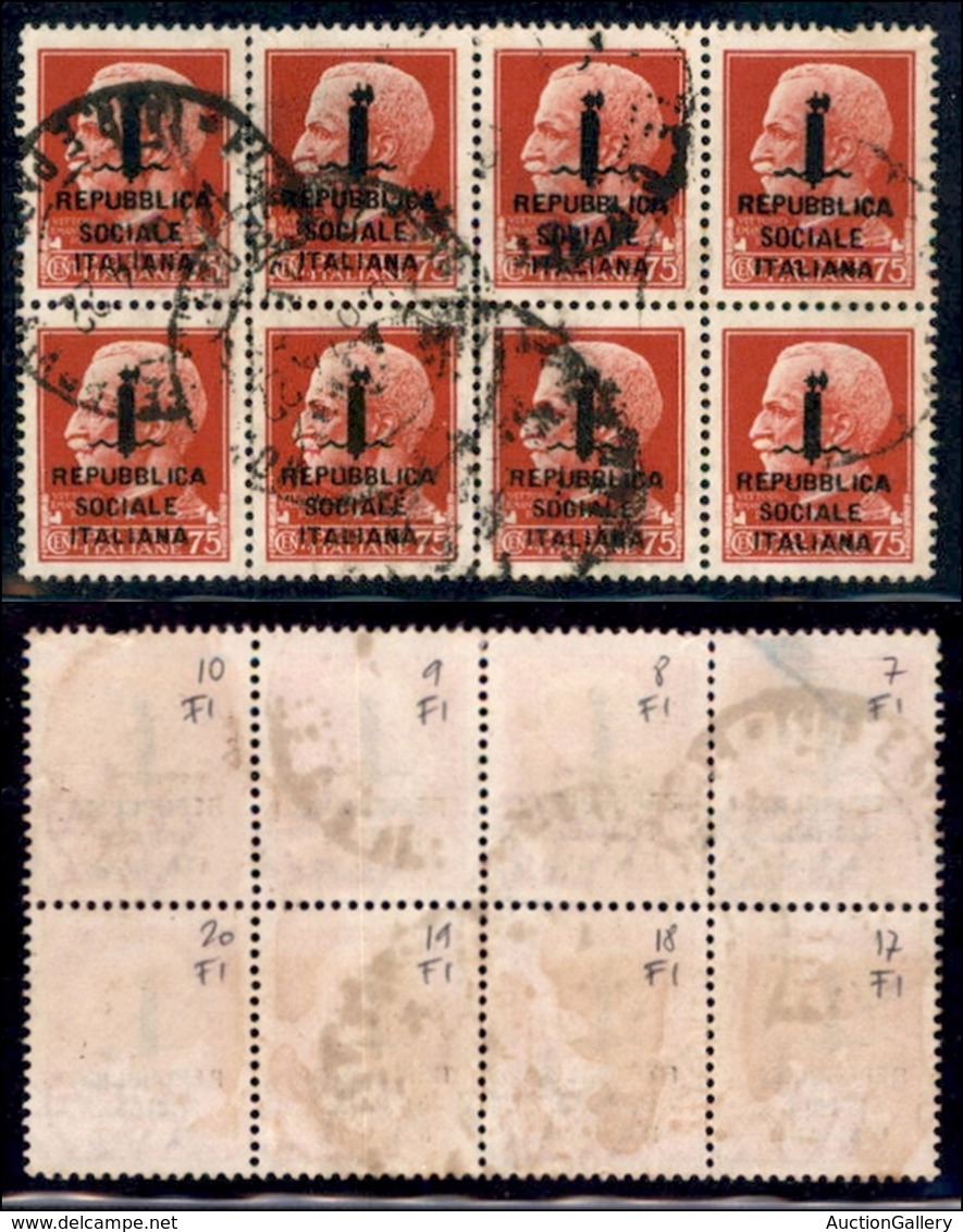 REPUBBLICA SOCIALE - PROVVISORI - 1944 - Firenze - 75 Cent (494) - Blocco Di 8 (pos. 7/20) Usato - Sonstige & Ohne Zuordnung