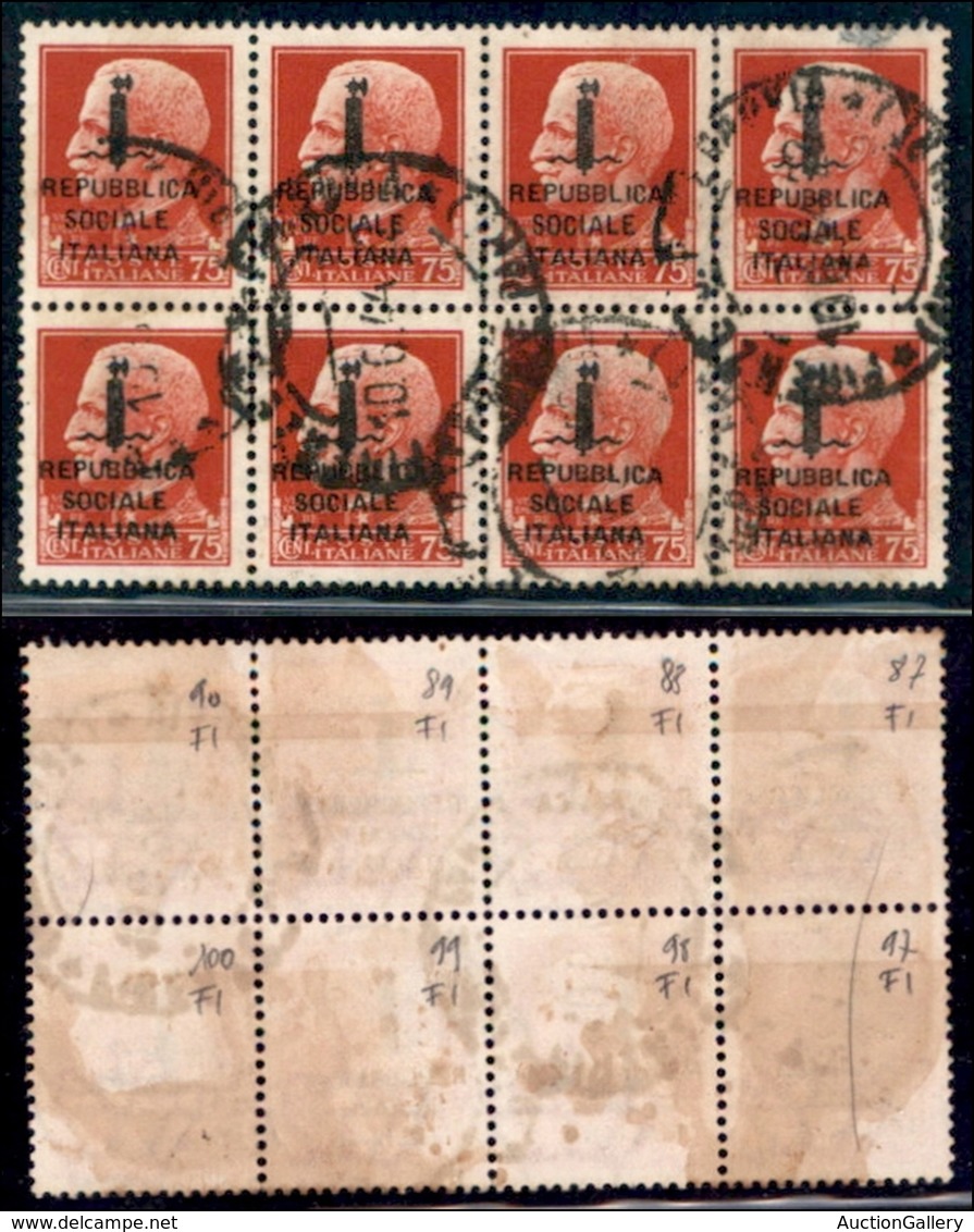 REPUBBLICA SOCIALE - PROVVISORI - 1944 - Firenze - 75 Cent (494) - Blocco Di 8 (pos. 87/100) Usato - Sonstige & Ohne Zuordnung