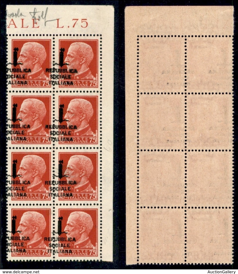 REPUBBLICA SOCIALE - PROVVISORI - 1944 - Firenze - 75 Cent (494pma + Pmda) - Blocco Angolare Di 8 (pos. 9/40) Con Sopras - Sonstige & Ohne Zuordnung