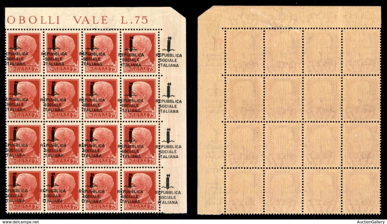 REPUBBLICA SOCIALE - PROVVISORI - 1944 - Firenze - 75 Cent (494pme - Ripetuto Sul Bordo) - Blocco Angolare Di 16 (pos. 6 - Andere & Zonder Classificatie
