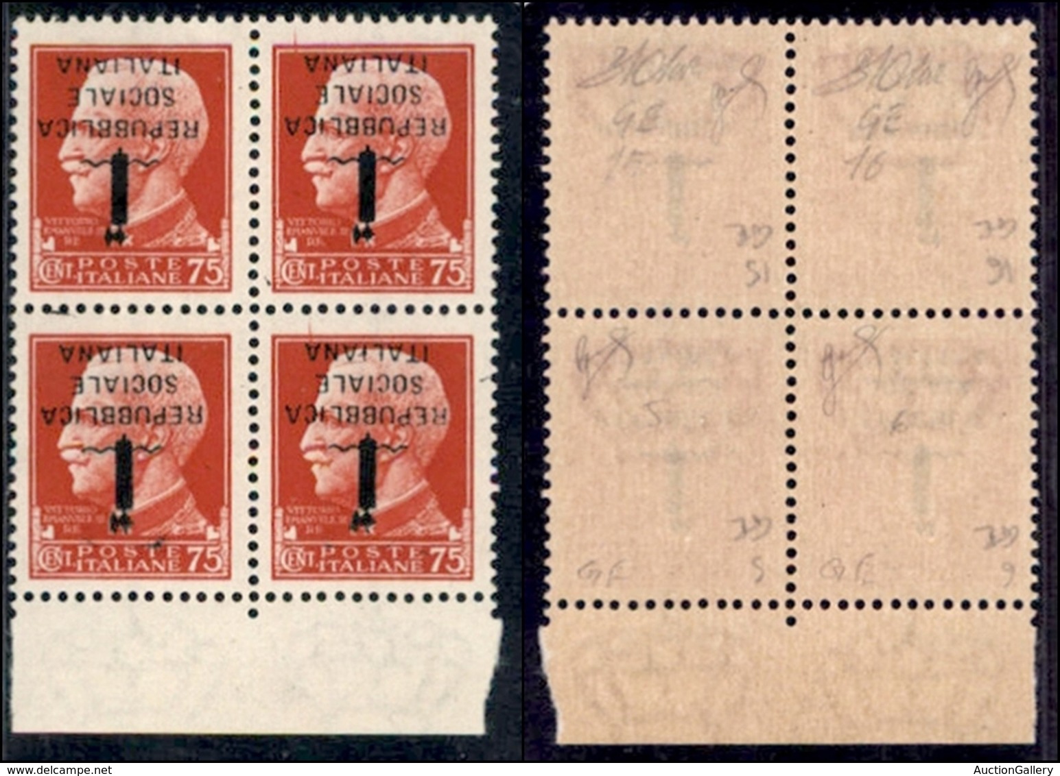 REPUBBLICA SOCIALE - PROVVISORI - 1944 - Genova - 75 Cent (494a) - Quartina Con Soprastampe Capovolte (pos. 5/16) - Gomm - Sonstige & Ohne Zuordnung
