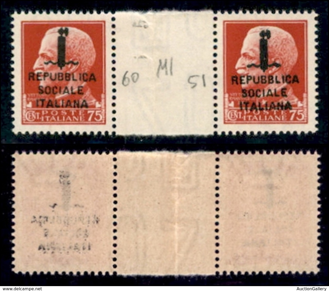 REPUBBLICA SOCIALE - PROVVISORI - 1944 - Milano - 75 Cent (494) - Coppia Orizzontale Con Interspazio Al Centro (pos. 60/ - Sonstige & Ohne Zuordnung