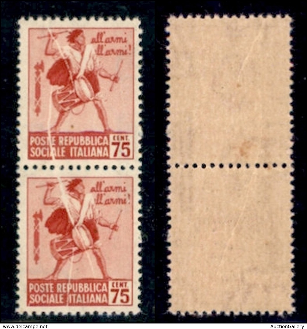 REPUBBLICA SOCIALE - DEFINITIVI - 1944 - 75 Cent (499) - Coppia Verticale Con Pieghe Di Carta In Diagonale - Gomma Integ - Sonstige & Ohne Zuordnung