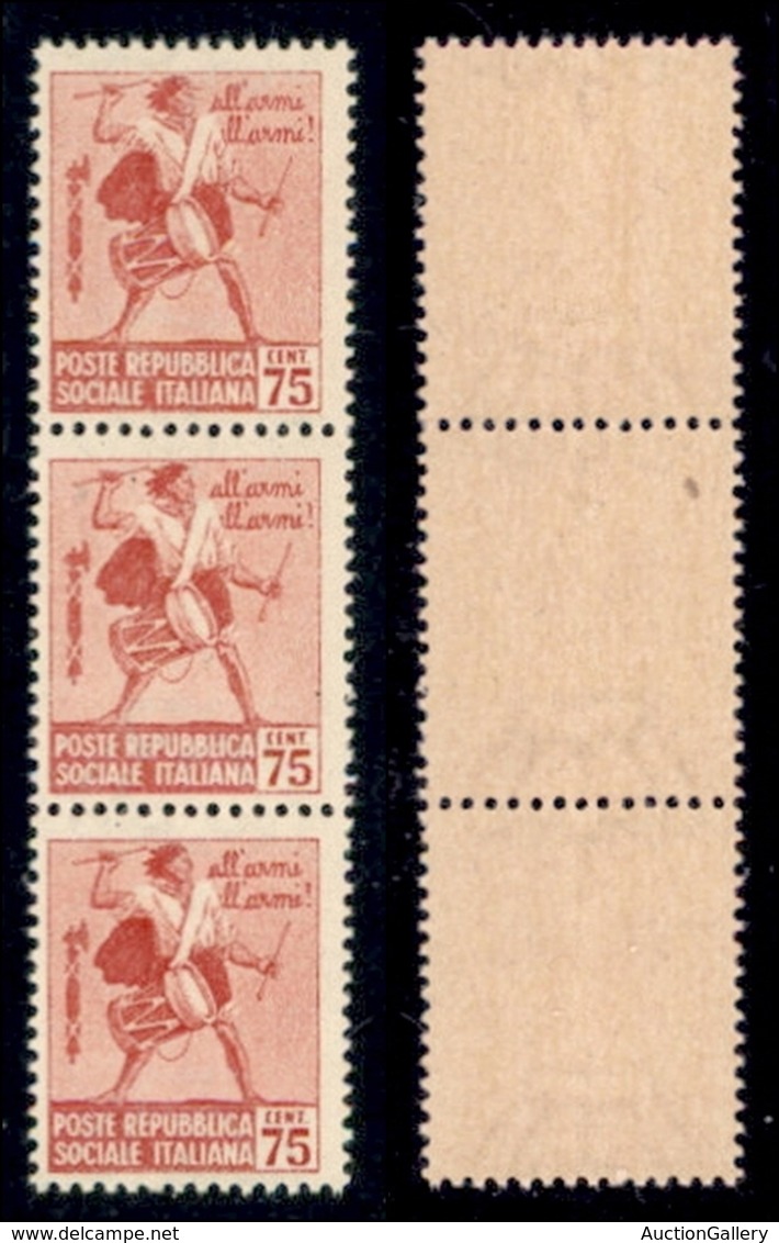 REPUBBLICA SOCIALE - DEFINITIVI - 1944 - 75 Cent (499c) - Stampa Evanescente - Striscia Verticale Di 3 - Gomma Integra - Andere & Zonder Classificatie