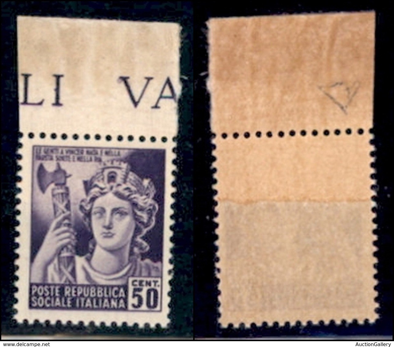 REPUBBLICA SOCIALE - DEFINITIVI - 1944 - 50 Cent (507c) Bordo Foglio In Alto - Carta Ricongiunta - Diena + Cert. AG - Andere & Zonder Classificatie