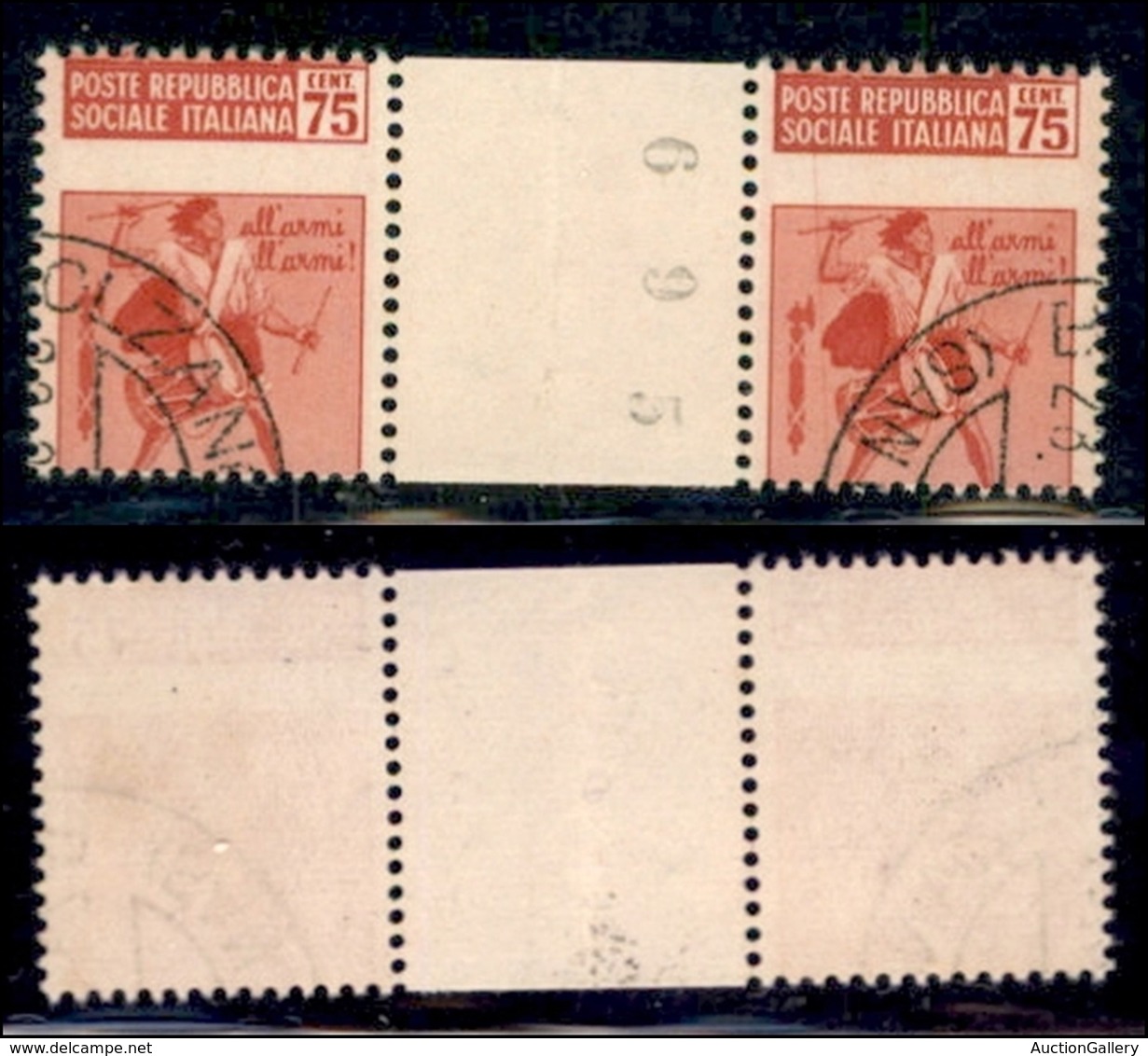 REPUBBLICA SOCIALE - DEFINITIVI - 1944 - 75 Cent (508b) Dentellatura Spostata - Coppia Con Interspazio Al Centro - Usata - Andere & Zonder Classificatie