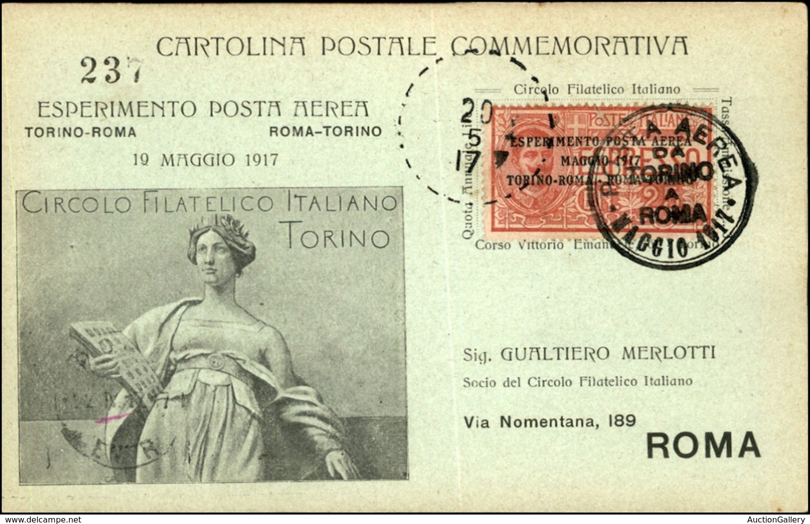 POSTA AEREA  - 1917 (20 Maggio) - Torino Roma (798) - Aerogramma Numerato - Other & Unclassified