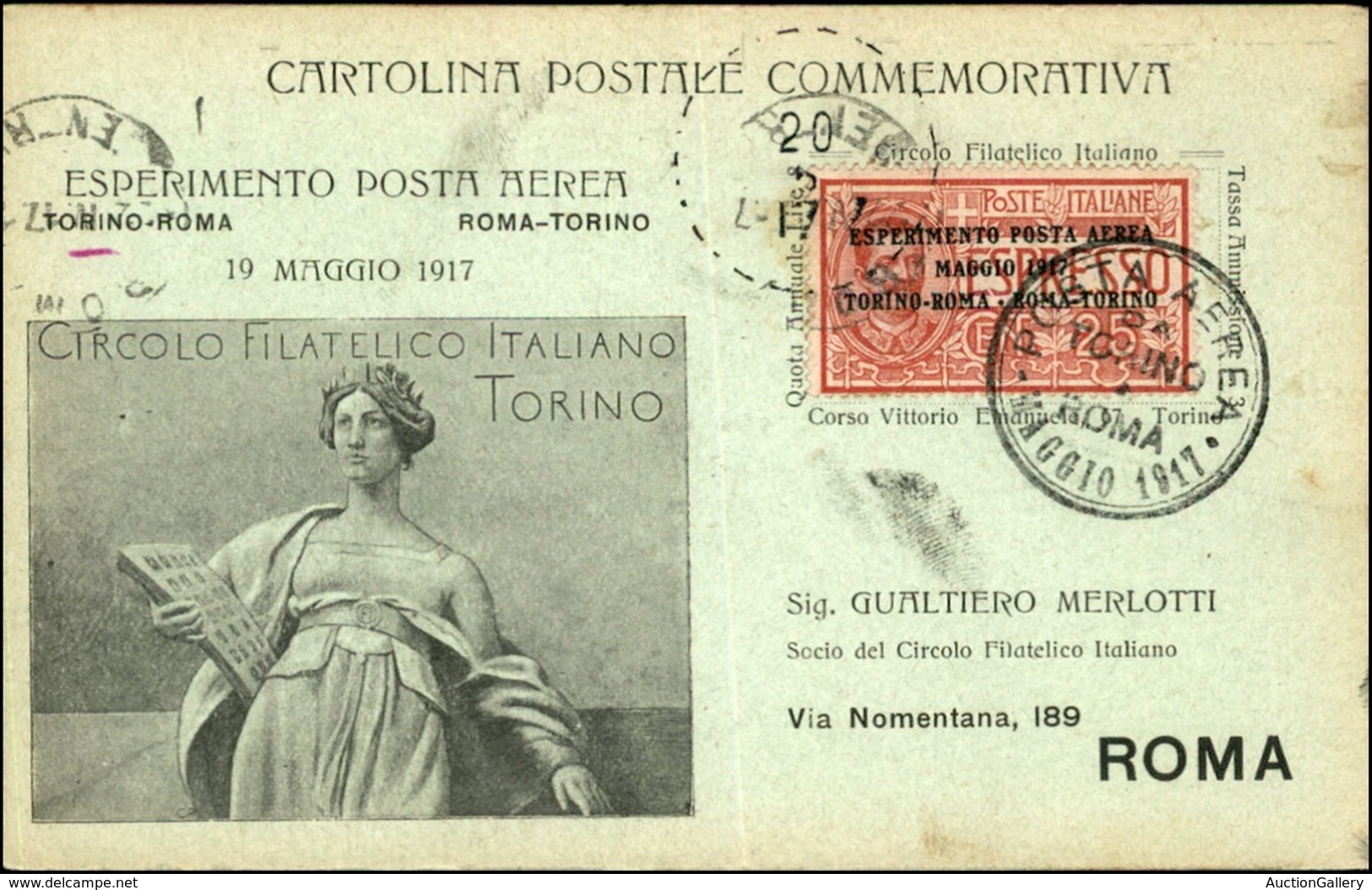 POSTA AEREA  - 1917 (20 Maggio) - Torino Roma (798) - Annullo D’arrivo Al Recto - Non Comune - Sonstige & Ohne Zuordnung
