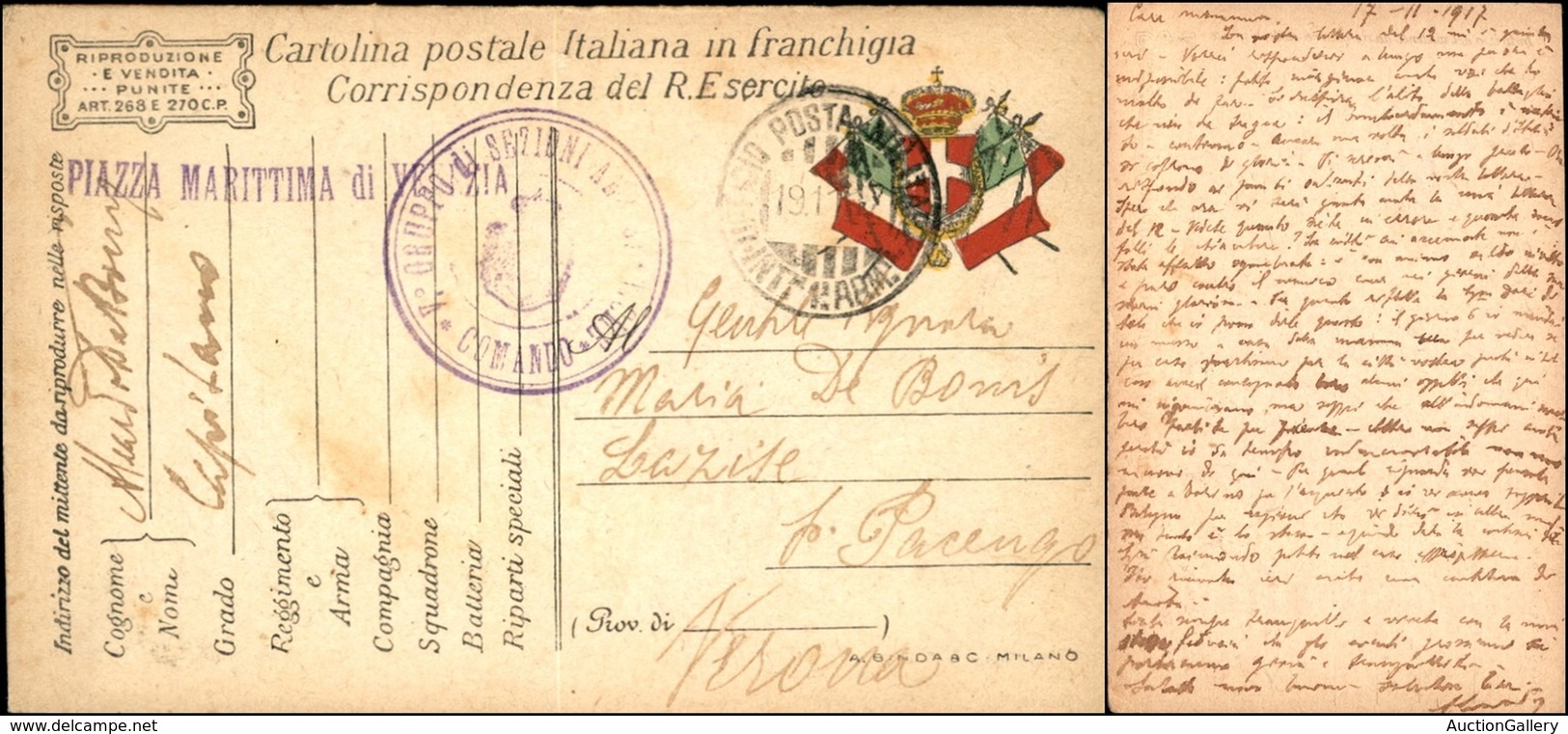 POSTA AEREA  - 1917 (19 Novembre) -V° Gruppo Di Sezioni Aerostatiche/Comando - Piazza Marittima Di Venezia - Cartolina I - Sonstige & Ohne Zuordnung