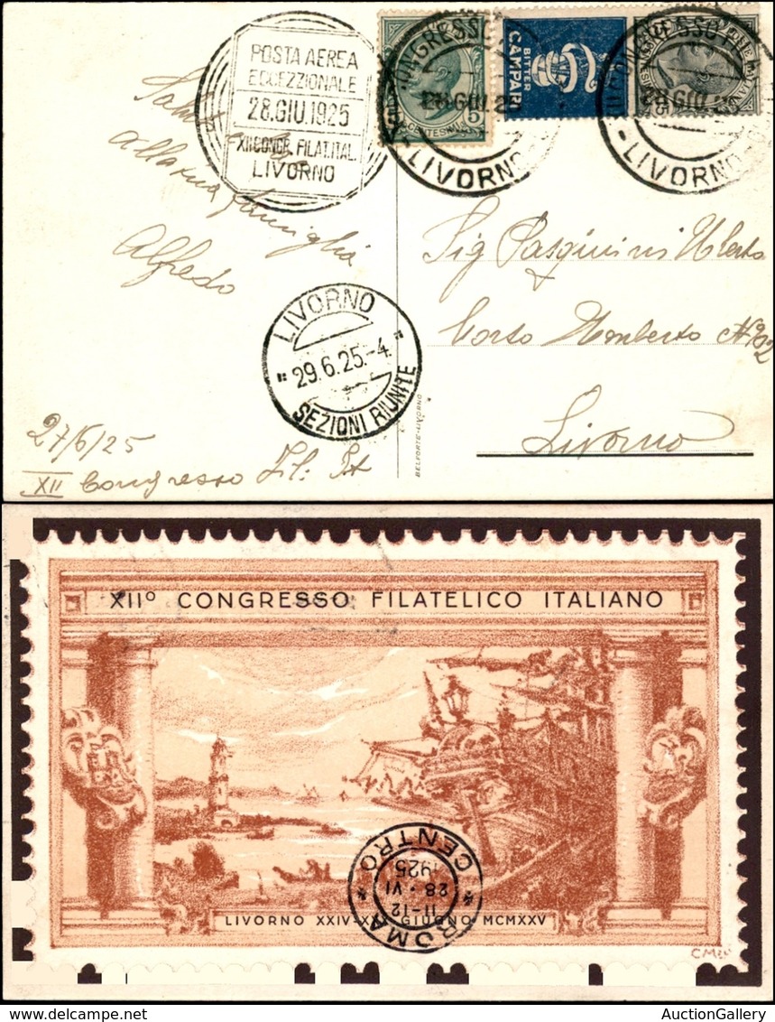 POSTA AEREA  - 1925 (28 Giugno) - Livorno Roma (1369) - Cartolina Ufficiale Affrancata (81 + Pubblicitari 1) Per Livorno - Autres & Non Classés