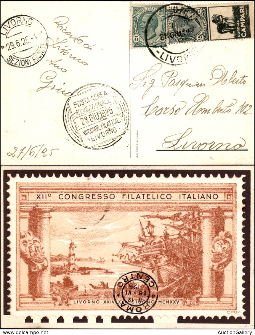 POSTA AEREA  - 1925 (28 Giugno) - Livorno Roma (1369) - Cartolina Ufficiale Affrancata (81 + Pubblicitari 3) Per Livorno - Sonstige & Ohne Zuordnung