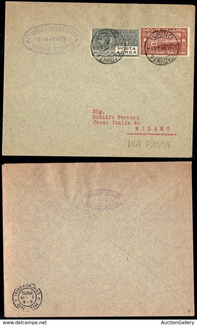 POSTA AEREA  - 1926 (1 Aprile) - Torino (Pavia) Milano (1439 - 260  Aerogrammi - Andere & Zonder Classificatie