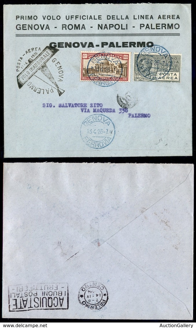 POSTA AEREA  - 1926 (13 Aprile) - Genova Palermo (1548) - Dispaccio Con Diverse Affrancature - Autres & Non Classés