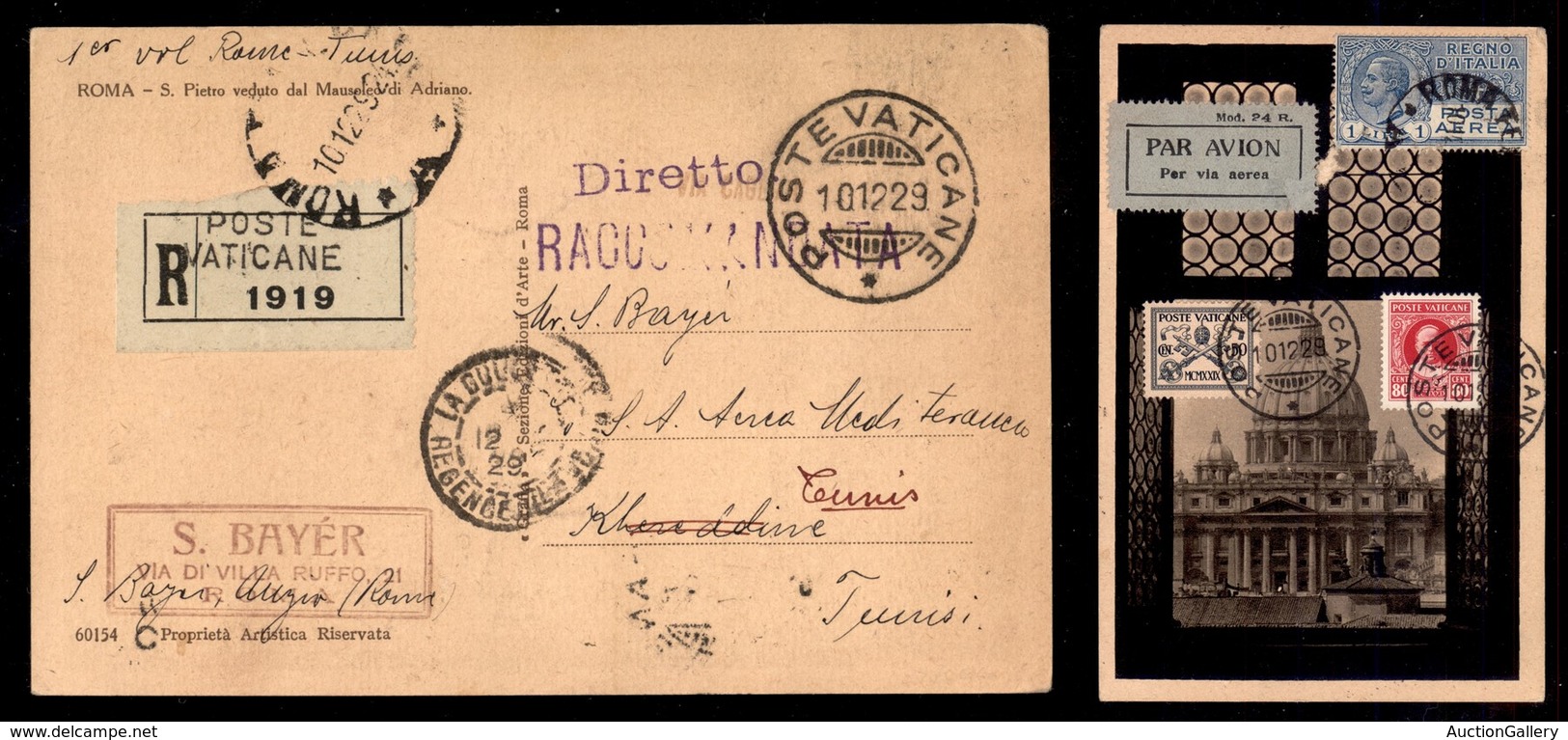 POSTA AEREA  - 1929 (11 Dicembre) - Vaticano Tunisi (2017) - Cartolina Raccomandata - Rara Tra I 55 Aerogrammi Nel Dispa - Andere & Zonder Classificatie