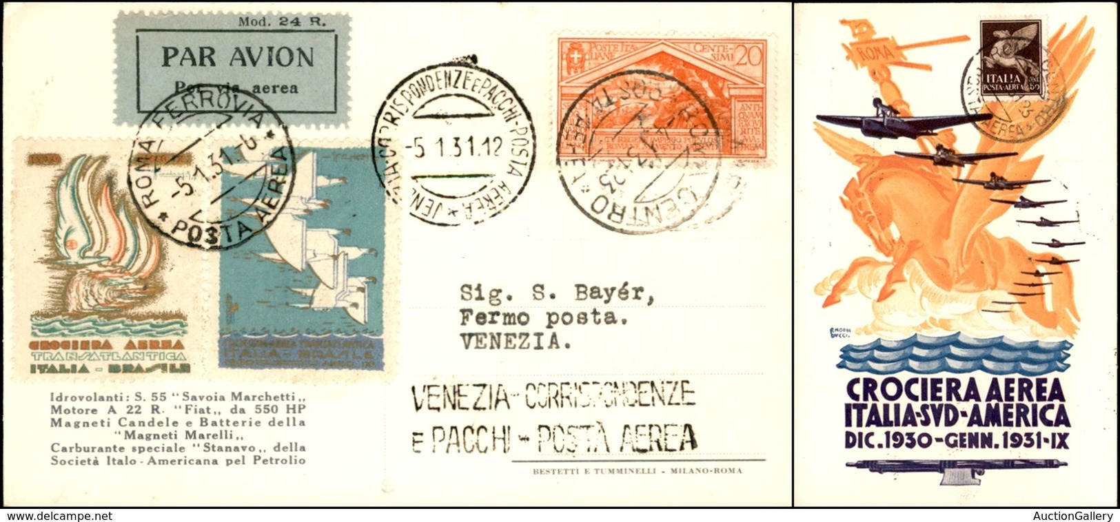 POSTA AEREA  - 1931 (4 Gennaio) - Roma Venezia - Cartolina Della Crociera - Affrancatura Fronte Retro - Non Catalogato - Sonstige & Ohne Zuordnung
