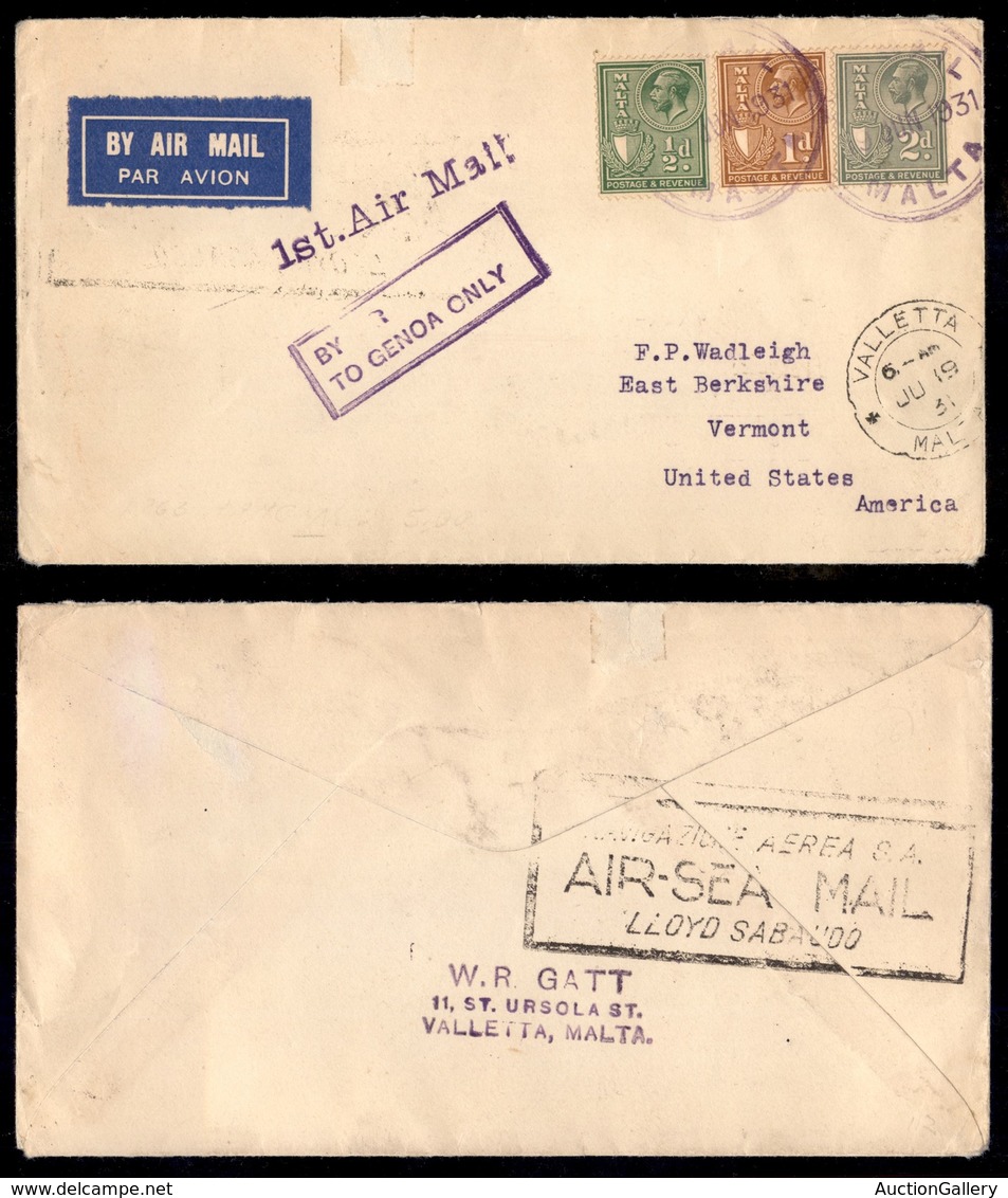 POSTA AEREA  - 1931 (19 Giugno) - Malta (Genova) Stati Uniti (2410) - Pochissimi Aerogrammi In USA Col Dispaccio - Autres & Non Classés