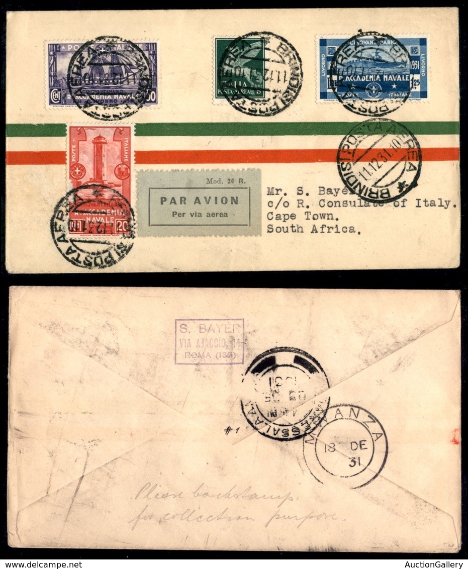POSTA AEREA  - 1931 (11 Dicembre) - Brindisi Cape Town (2529) - Meno Di 10 Aerogrammi Col Dispaccio - Autres & Non Classés
