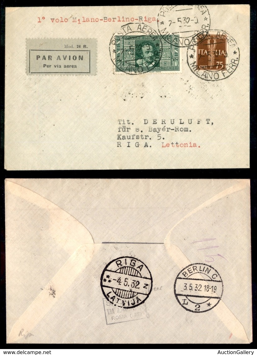 POSTA AEREA  - 1932 (2 Maggio) - Milano Riga (2621) - 6 Aerogrammi Col Dispaccio - Sonstige & Ohne Zuordnung