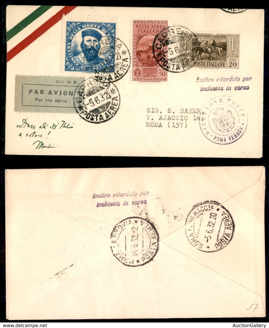 POSTA AEREA  - 1932 (5 Giugno) - Caprera (Roma) Aiaccio (2698) - Inoltro Ritardato - 100 Aerogrammi Col Dispaccio (vigne - Sonstige & Ohne Zuordnung