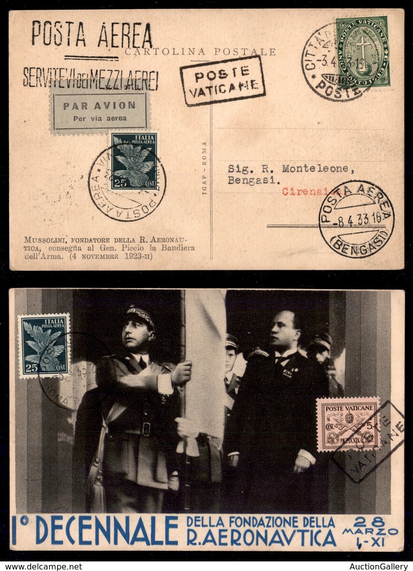 POSTA AEREA  - 1933 (3 Aprile) - Vaticano Bengasi (2806) - Cartolina Del Decennale Con Affrancatura Mista Fronte Retro - - Sonstige & Ohne Zuordnung