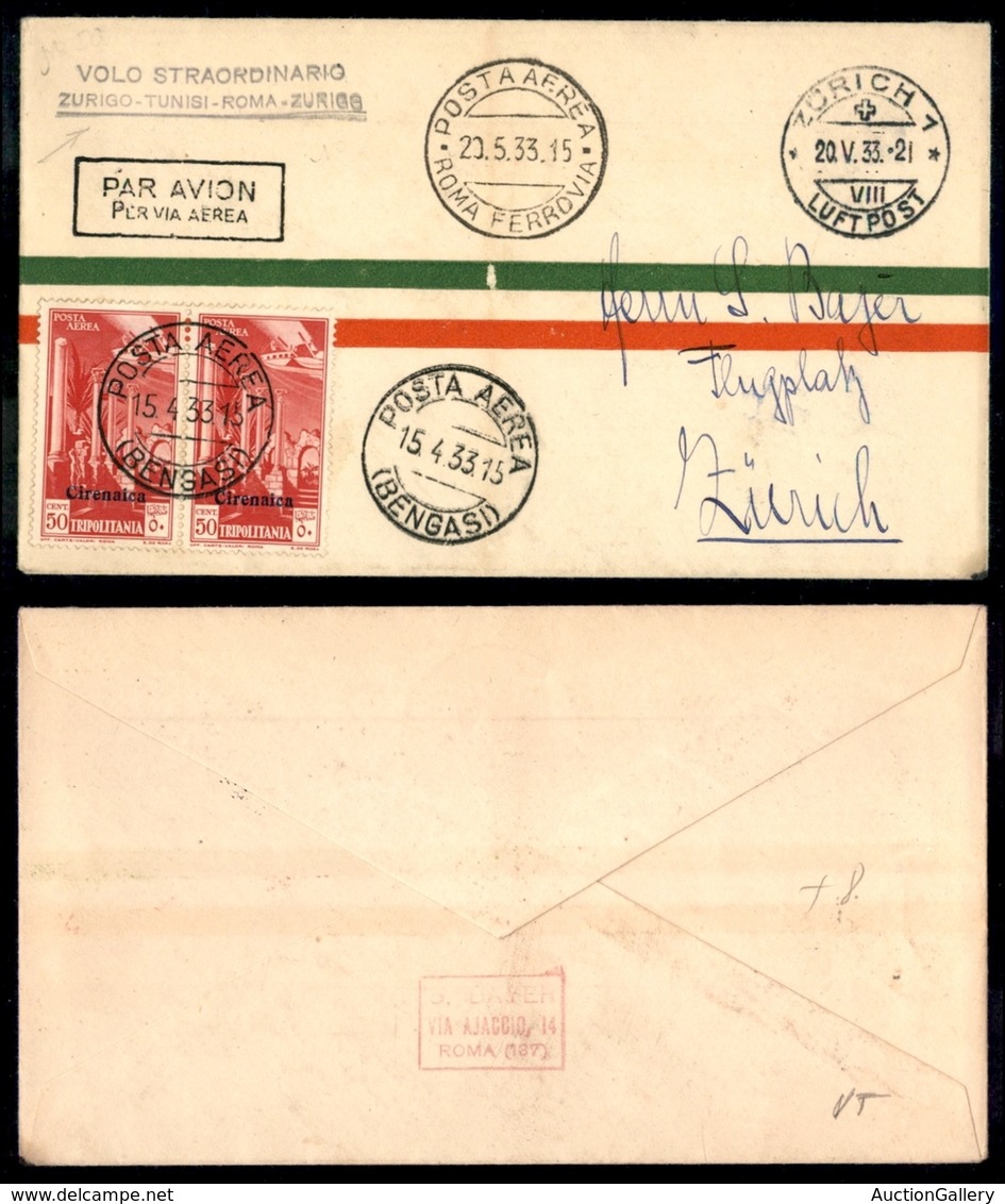 POSTA AEREA  - 1933 (15 Aprile/20 Maggio) - Bengasi (Roma) Zurigo (2837) - 8 Aerogrammi Col Dispaccio - Sonstige & Ohne Zuordnung