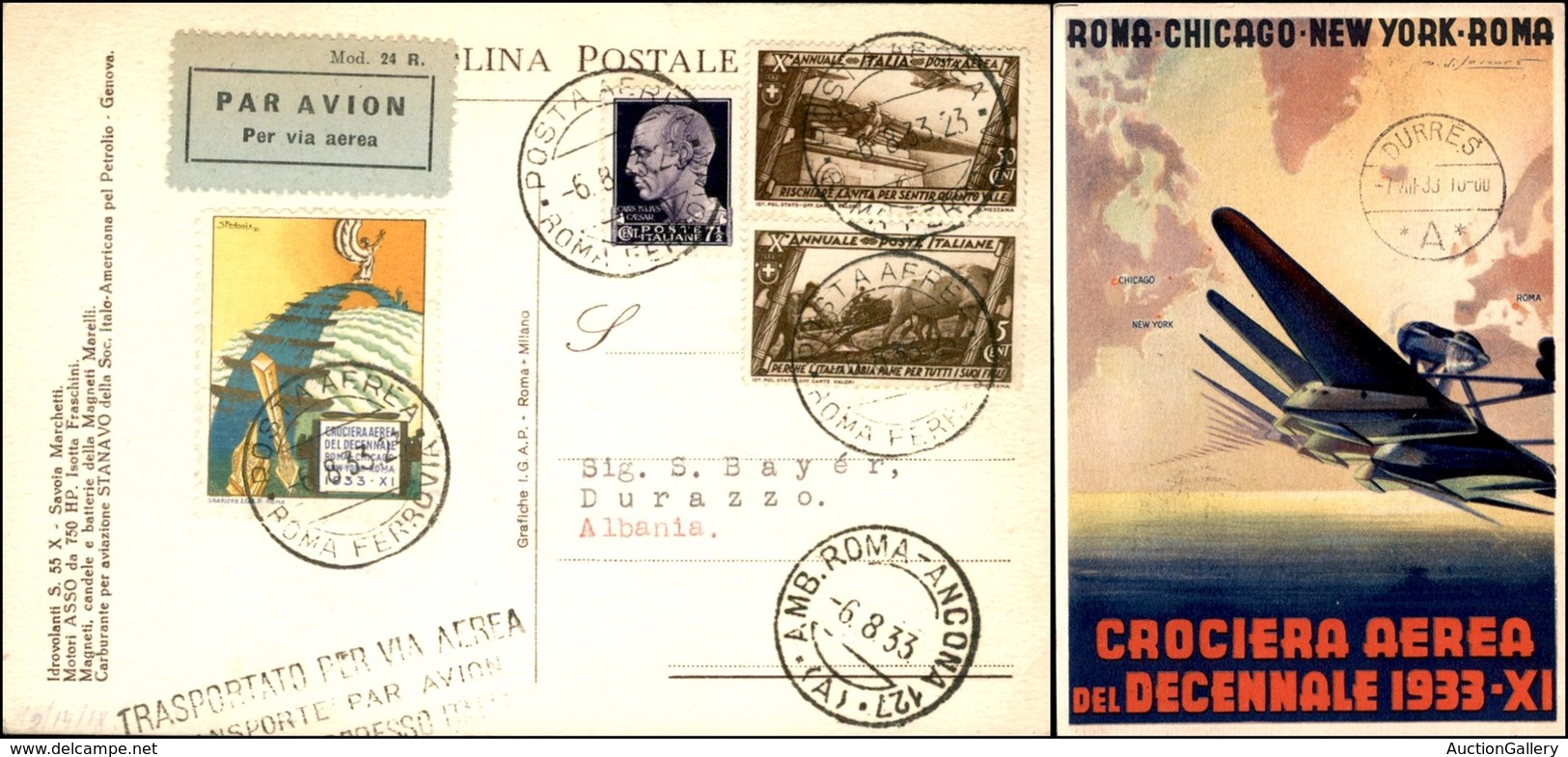 POSTA AEREA  - 1933 (6 Agosto) - Roma Durazzo (3041) - 18 Aerogrammi Col Dispaccio - Cartolina Della Crociera - Autres & Non Classés