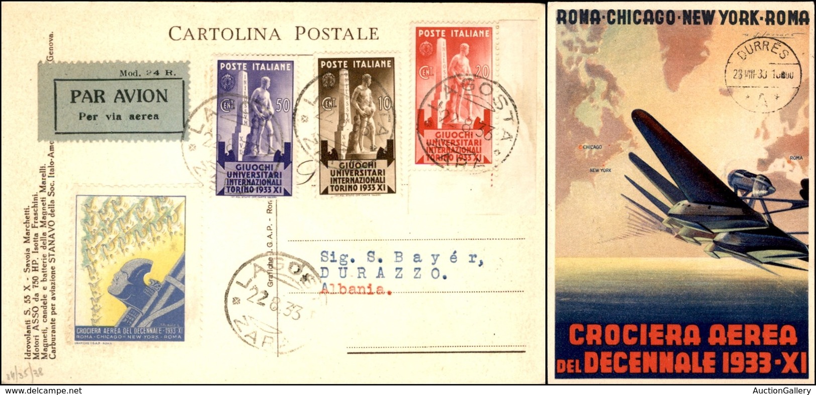 POSTA AEREA  - 1933 (22 Agosto) - Lagosta Durazzo (3048) - 38 Aerogrammi Col Dispaccio - Cartolina Della Crociera - Andere & Zonder Classificatie