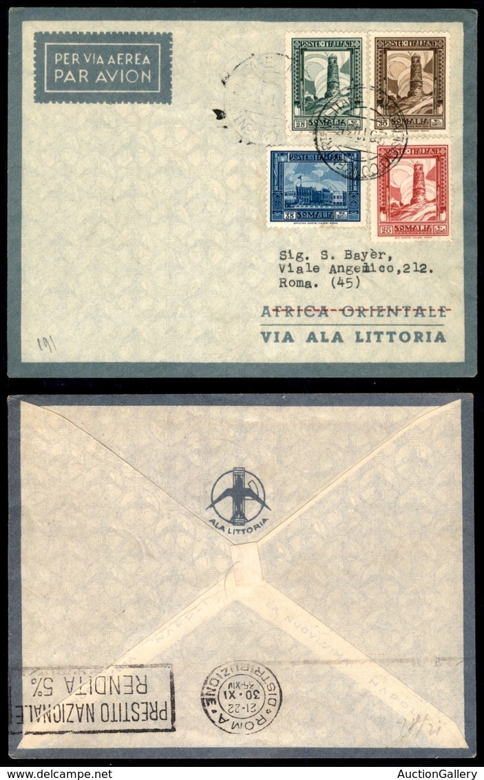 POSTA AEREA  - 1935 (20 Novembre) - Mogadiscio Roma (3356) - 21 Aerogrammi - Dispaccio Con Affrancature Diverse - Autres & Non Classés