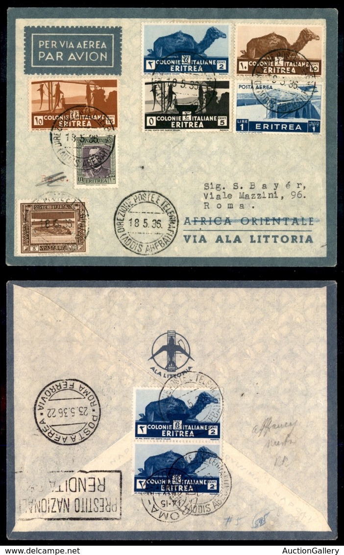 POSTA AEREA  - 1936 (18 Maggio) - Addis Abeba Roma (3562) - Affrancatura Fronte Retro - 5 Aerogrammi Col Dispaccio (RR M - Sonstige & Ohne Zuordnung