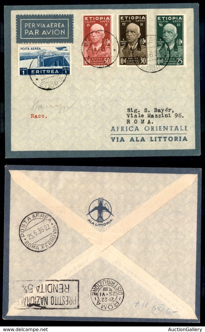 POSTA AEREA  - 1936 (18 Giugno) - Addis Abeba Roma (3571) - Stampa Raccomandata - Mista Eritrea Etiopia - Non Catalogato - Autres & Non Classés