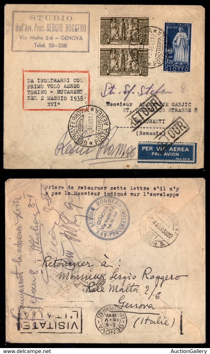 POSTA AEREA  - 1938 (2 Maggio) - (Genova) Torino Bucarest (3778) - Molto Raro - Andere & Zonder Classificatie
