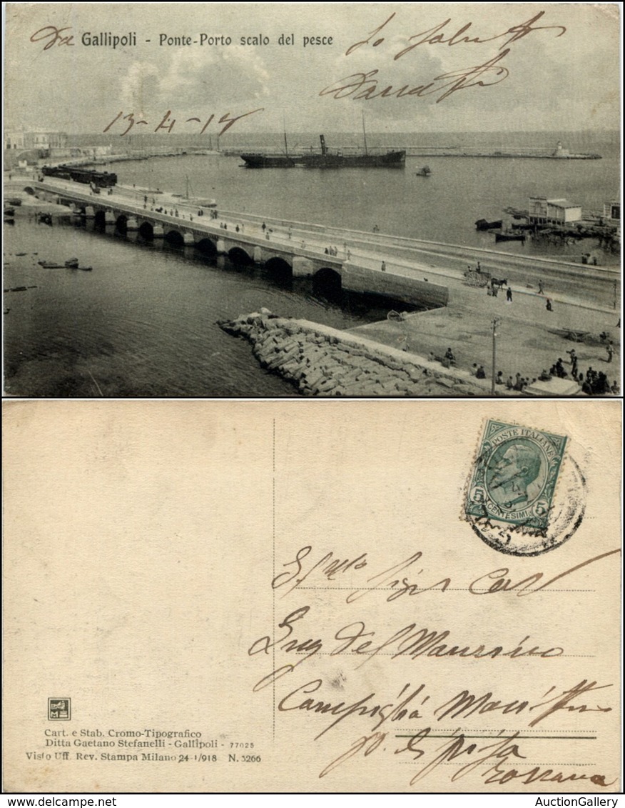 CARTOLINE - REGIONALISMO-PUGLIA - Gallipoli (LE), Ponte-porto Animata Con Treno Viaggiata 1914 - Autres & Non Classés