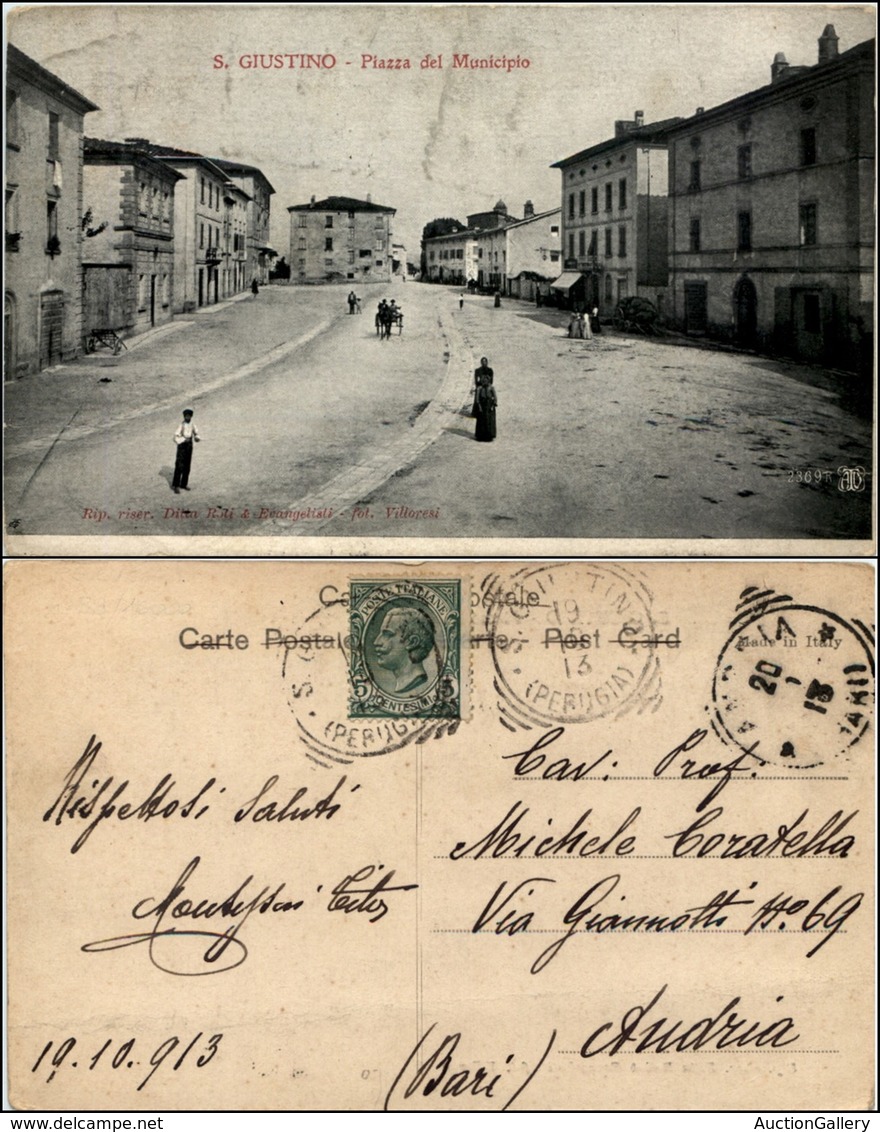 CARTOLINE - REGIONALISMO-UMBRIA - S. Giustino (PG), Piazza Del Municipio Animata Viaggiata 1913 - Andere & Zonder Classificatie