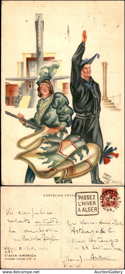 CARTOLINE - PROPAGANDISTICHE - Viaggi G.U.F. Italia-America - Illustratore Franco Garelli - Viaggiata 1934 FG - Autres & Non Classés