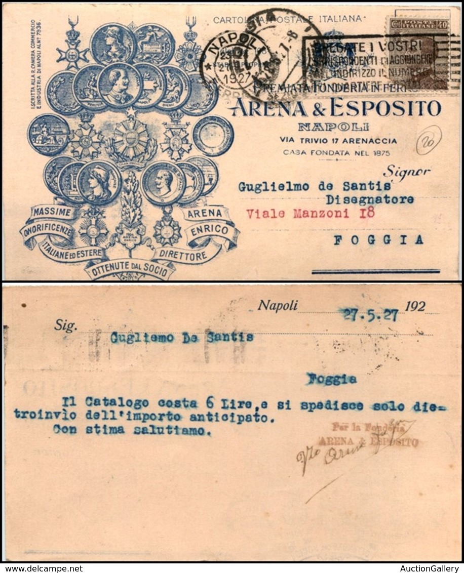 CARTOLINE - PUBBLICITARIE - Fonderia Arena & Esposito Napoli - Viaggiata 27.5.1927 - Ohne Zuordnung