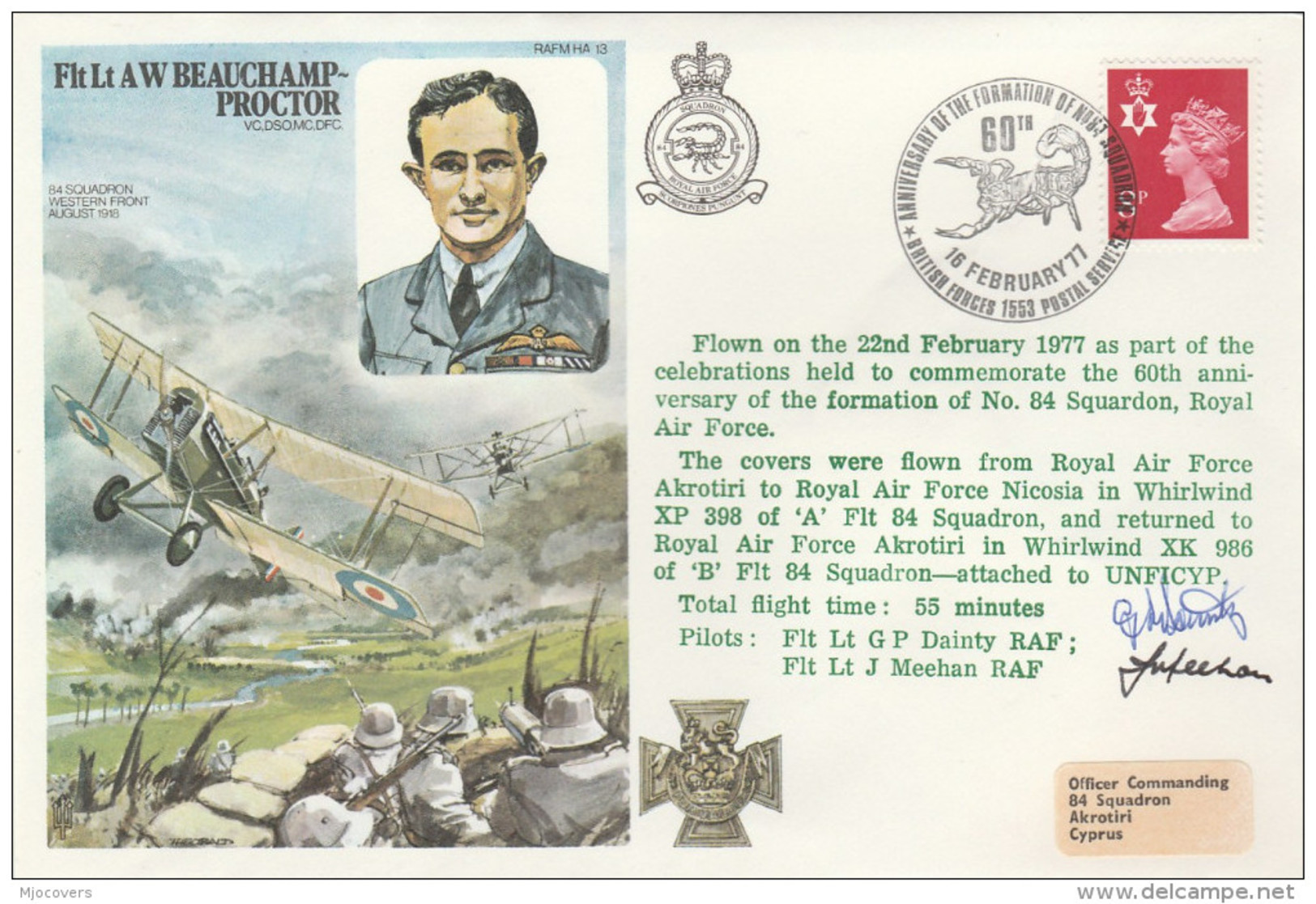 1977  RAF CYPRUS WWI Anniv UNFICYP Helicopter SIGNED Special FLIGHT COVER British Forces Gb Un United Nations Aviation - WW1