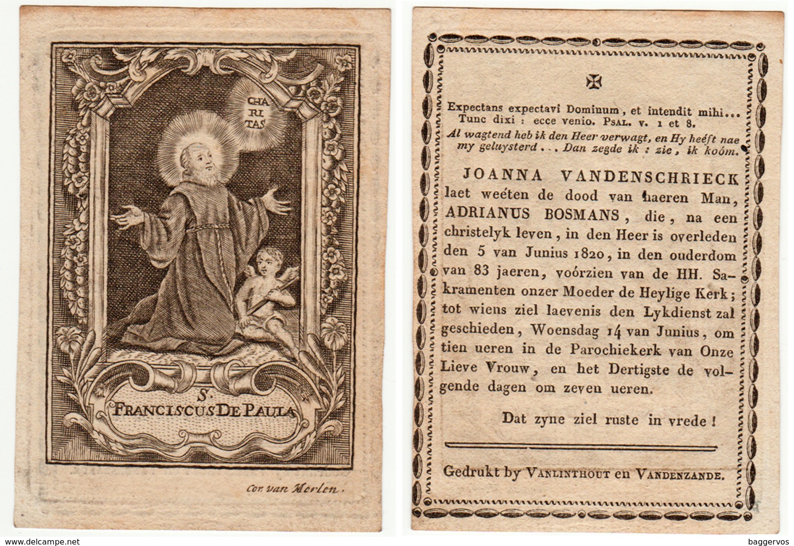 Kopergravure. Doodsprentje Adrianus BOSMANS 1737-1820 H. Franciscus De Paula. Cornelis VAN MERLEN - Godsdienst & Esoterisme
