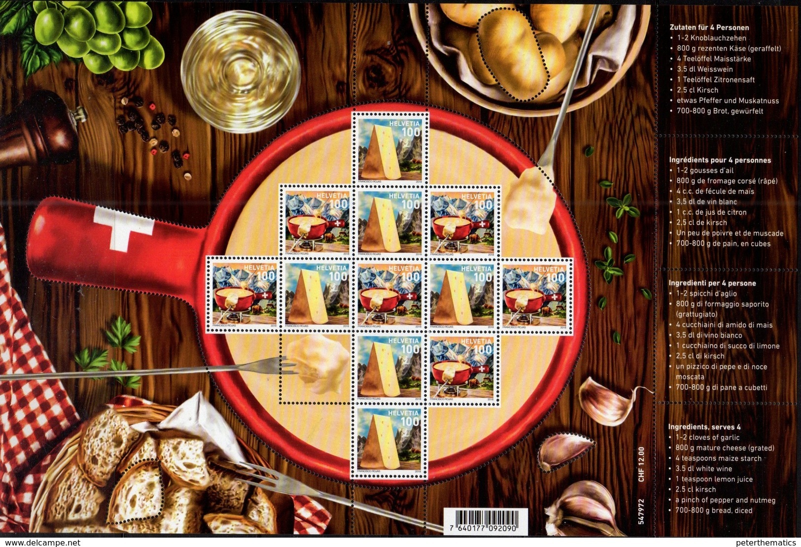 SWITZERLAND, 2018, MNH, TRADITIONAL FOOD, CHEESE, FONDUE, GARLIC, BREAD, MOUNTAINS, SHEETLET - Food