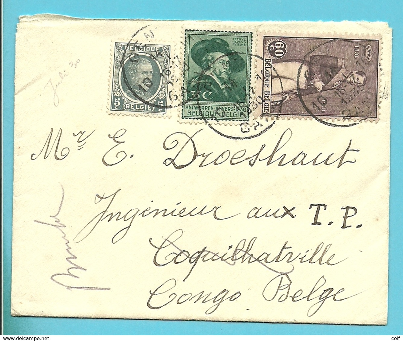 193+300+302 Op Brief Met Stempel GENT Naar BUMBA (Congo-Belge) , 1Fr = Voorkeurtarief Congo - Lettres & Documents