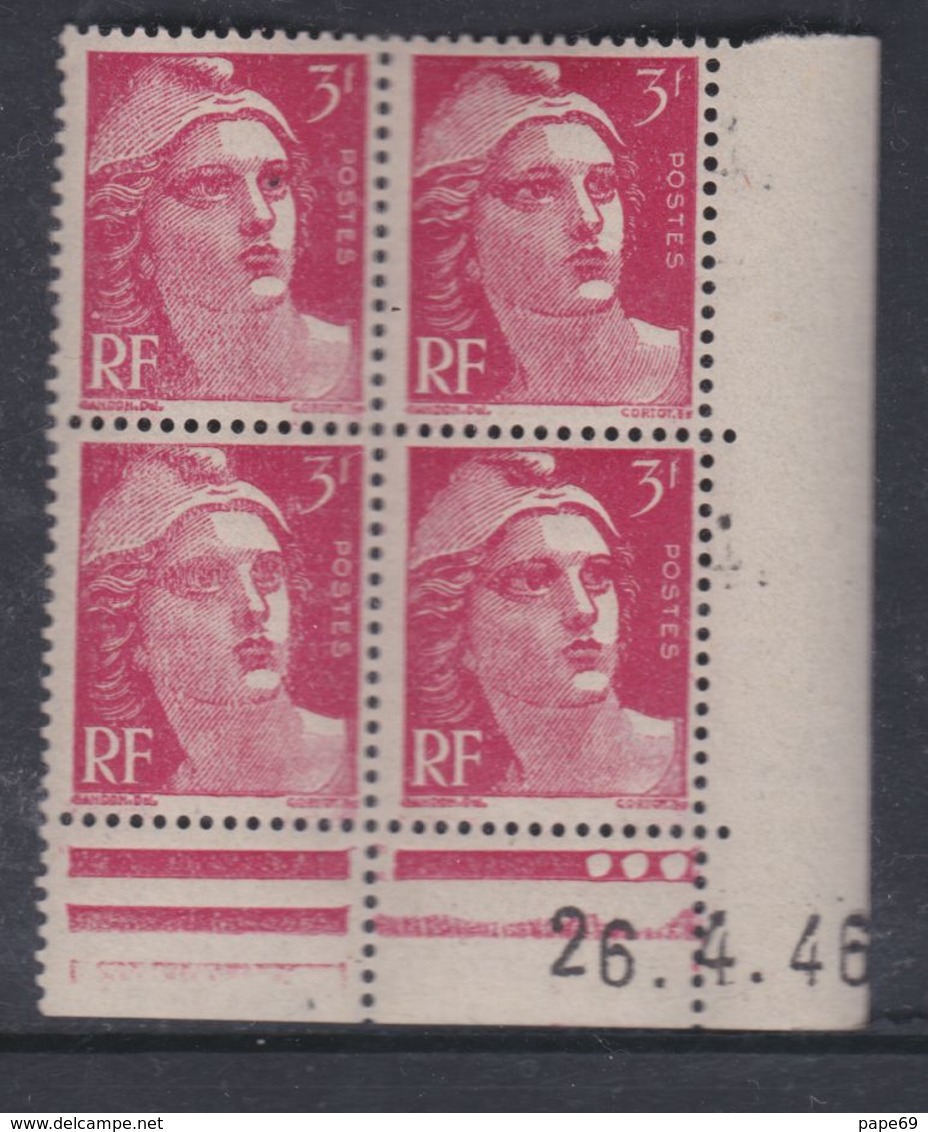 France N° 716 XX Marianne De Gandon  3 F. Rose En Bloc De 4 Coin Daté Du  26 . 4 . 46 , 3 Points Blancs Sans Ch., TB - 1940-1949