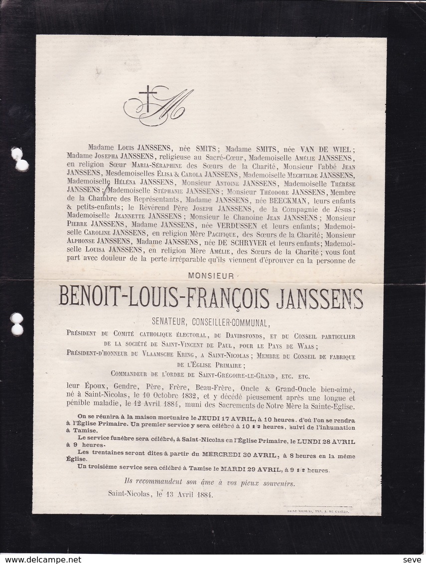 SAINT-NICOLAS Benoit JANSSENS Sénateur Conseiller Communal 1832-1884 DAVIDSFONDS Famille Van De WIEL SMITS BEECKMAN - Obituary Notices