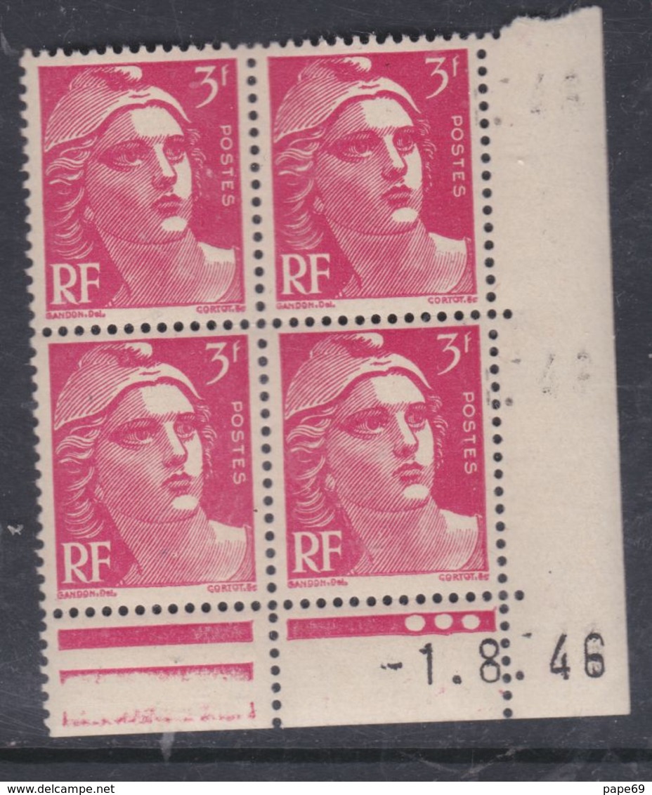 France N° 716 XX Marianne De Gandon  3 F. Rose En Bloc De 4 Coin Daté Du  1 . 8 . 46 , 3 Points Blancs Sans Ch., TB - 1940-1949