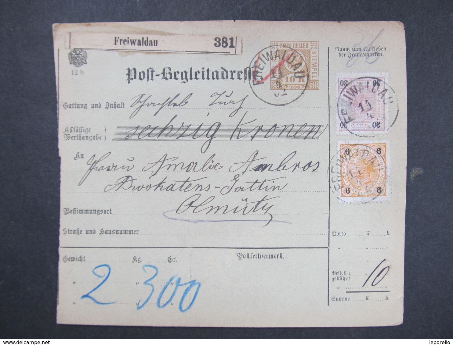 Postbegleitadresse Freiwaldau - Olmütz 1902 Paketschein   ///  D*35080 - Briefe U. Dokumente