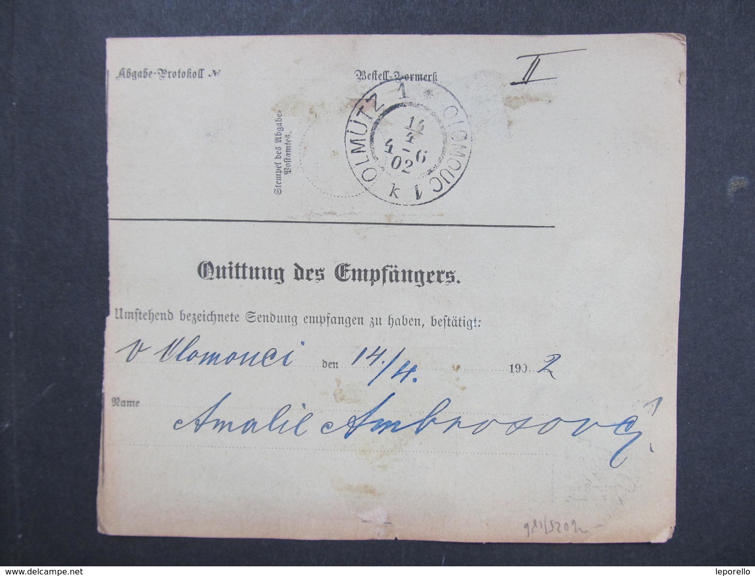 Postbegleitadresse Freiwaldau - Olmütz 1902 Paketschein   ///  D*35080 - Briefe U. Dokumente