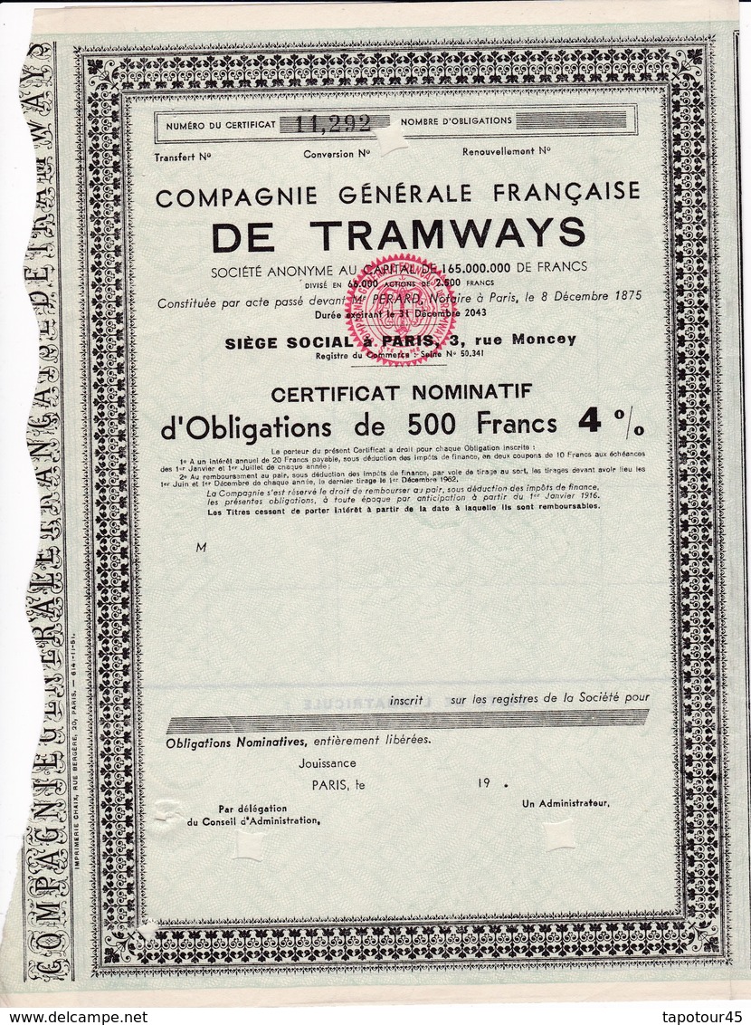 Th 1	TRAMWAYS : Cie Générale Française - Certificat		1951  (N=25) - Autres & Non Classés