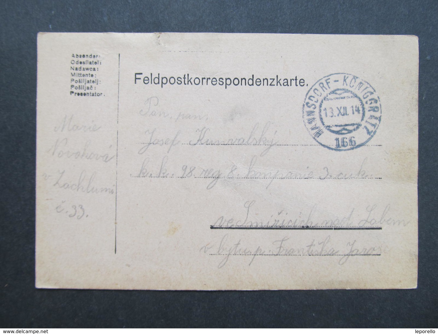 Feldpostkorrespondenzkarte Hannsdorf - Königgratz Bahnpost Zugstempel Nr.:166 1914 ///  D*35090 - Briefe U. Dokumente