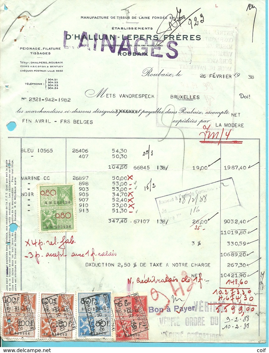 Facture Met Fiscale Zegels Met Firmaperforatie (perfin) " E.V. " Van Etabl. VANDRESPECK Te Bruxelles - 1934-51