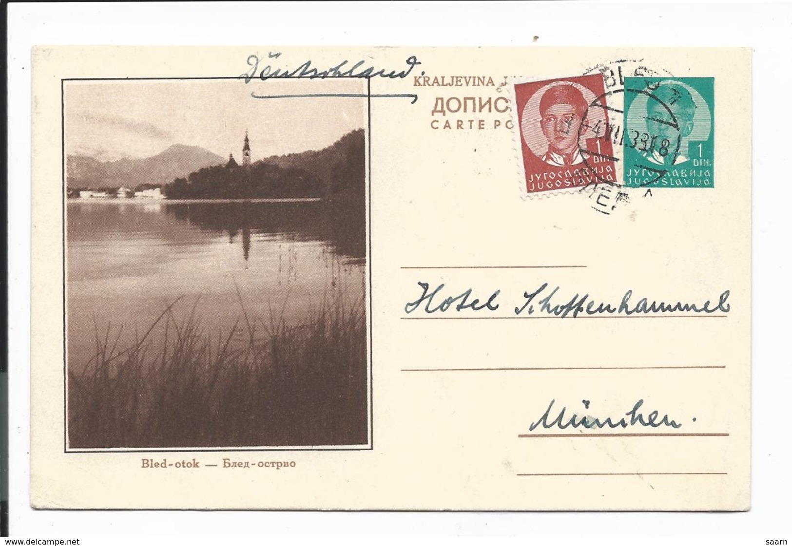 Jugoslawien P 83 D  -  1 Din. Peter BiPo BLod Otok M. 1 Din ZF 1938 V. Bled N. München Bedarfsverwendet - Enteros Postales