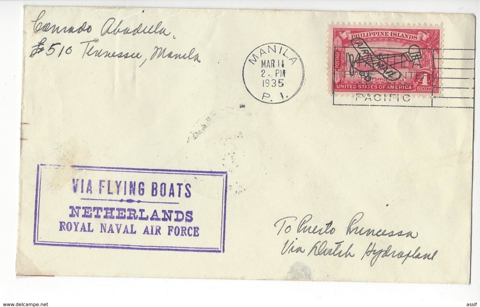 AVIATION HOLLANDAISE VIA FLYING BOATS NETHERLANDS ROYAL NAVAL AIR FORCE 1935 MANILA /FREE SHIPPING REGISTERED - Marcophilie